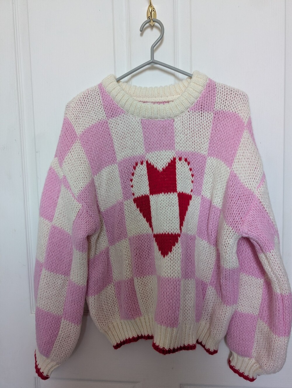 Pink & Cream Checkered Knitted Heart Sweater